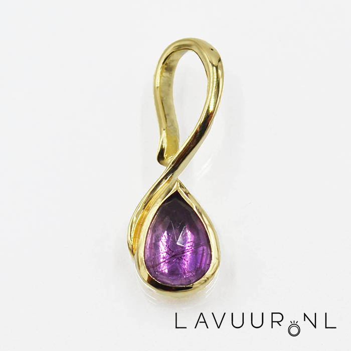 gouden sierlijke hanger met peervormige amethist